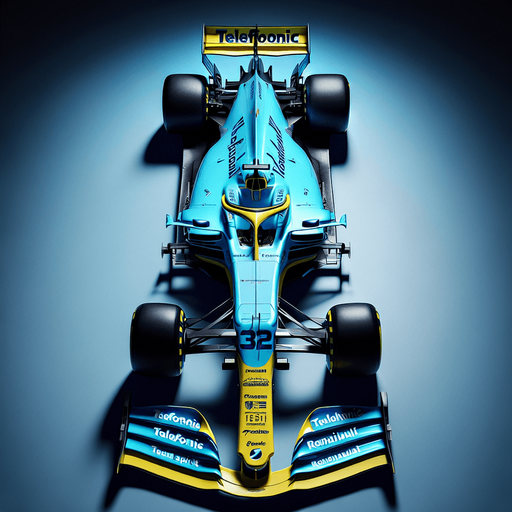 Photorealistic Renault F1 race car, top view. Bright skyblue body. Banana Yellow nose with blue sidelines.
Royalblue Front and Rear wing. Neon-yellow ,,Telefonicai" text on rearwing. 
White ,,TEAM SPIRIT" text on nose. Blue ,,RENAIULT" text on body.