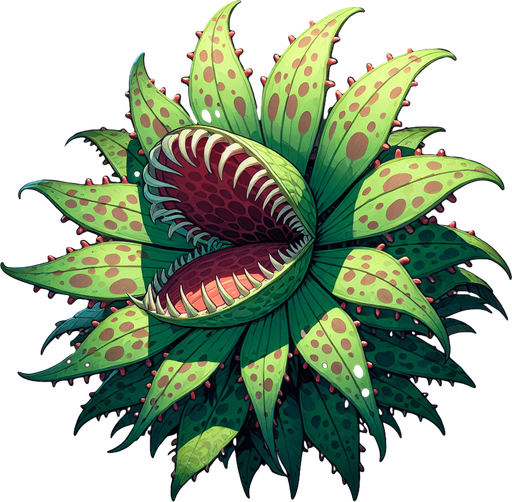 meat eating plant.
Single Game Texture.  In-Game asset.  2d.  Blank background.  High contrast.  No shadows