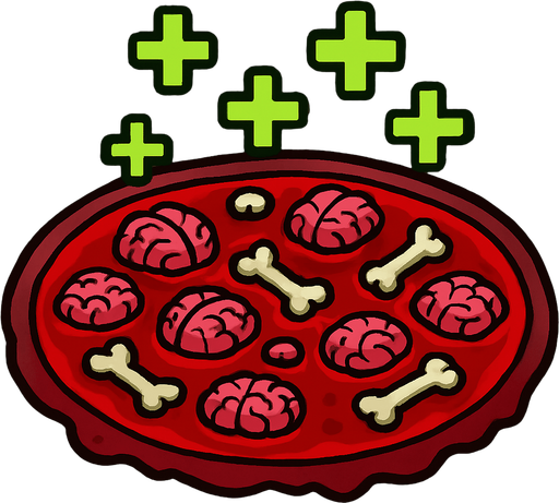 A healing blood pool with circular zombie brain and bone particles. Green + (healing) symbols on top. 2D..
In-Game asset.  2d.  High contrast.  No shadows