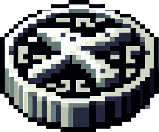 clean isometric silver doubloon. pirate themed. pixelated. 8 bit. viewed from the top as if the coin is resting flat..
Single Game Texture. In-Game asset. 2d. Blank background. High contrast. No shadows.