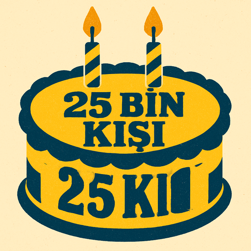 Sarı lacivert bir doğum günü pastası oluştur , 2 tane mumlu . Bu pastanın üstünde "25 Bin Kişi" yazsın . retro temada olsun ..
In-Game asset.  2d.  High contrast.  No shadows