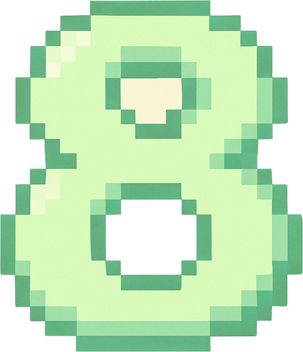 A pixel art number "8" designed for a cozy, cute retro 2D game UI with a bird theme. The number is rendered in soft pastel light green tones to harmonize with the gentle and sweet aesthetic of the game. It has a clean, simple, and rounded pixel style with no harsh edges, fitting perfectly within the pixel art UI style. The number is bold and easily readable at small sizes..
In-Game asset.  2d.  High contrast.  No shadows. pixel art. retro. 2d ui. number. pastel light green. simple. rounded edges. bold. cute. minimal
