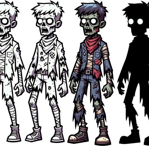 A cartoon style zombie.
Single Game Texture. In-Game asset. 2d. Blank background. High contrast. No shadows.