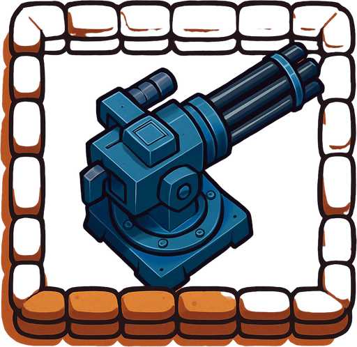 Top view of an blue defense Military tower large Minigun Machinegun in the desert, the image has a square border outlined by military defense Brown sandbags.
In-Game asset.  2d.  High contrast.  No shadows