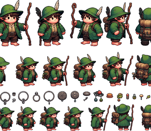 A spritesheet showing various poses of a chubby little hobbit wandering. he is in a green hunter's coat and with a green hat with a feather in it, and is carrying a backpack and holding a walking stick. there are many trinkets in his belt, some edible..
Single Game Texture. In-Game asset. 2d. Blank background. High contrast. No shadows.
