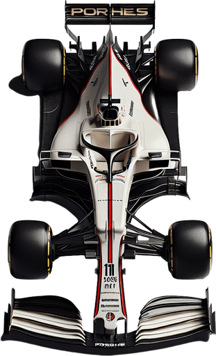 Photorealistic Porsche F1 race car, top view. 
Golden logo on car nose.
White body with black rear and front wing.
Very thick red lines on body from front wing to rear wing. 
Replace Porsche text to white coloured ,,Porshe" text on rear wing.
