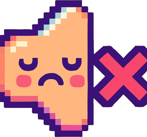 A small and cute pixel art icon representing sound off, designed for a 2D game UI. The icon shows the same round speaker, but now with a sad or sleepy face and a small red X or mute symbol on it. The sound waves are gone or faded out. The color palette is still colorful, using soft reds and purples. The style is playful, chibi, and pixel art, fitting a cute arcade game interface.