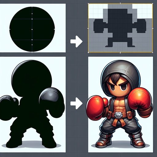 Fighter with 2 fight gloves, full body, mini fighter.
Single Game Texture. In-Game asset. 2d. Blank background. High contrast. No shadows, digital art style