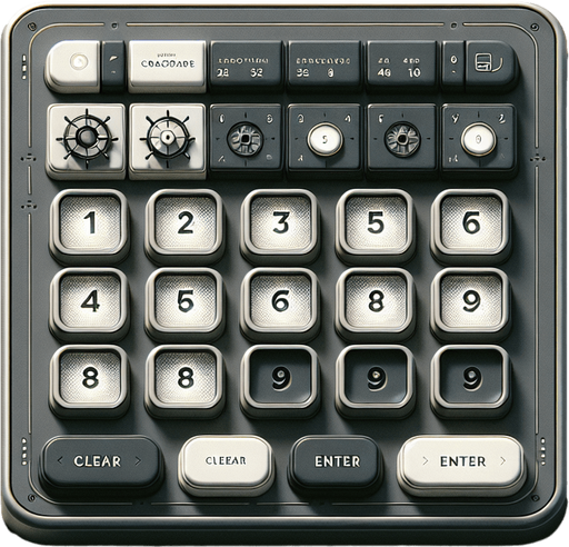 A clean and minimalistic mobile app interface for cracking a digital safe, designed with modern web design best practices. The centerpiece of the screen is a 3x4 grid with 12 square buttons, evenly spaced and aligned, resembling a secure keypad. Each button has a flat, modern design with sharp edges, soft shadows, and bold numbers (0-9) along with 'Clear' and 'Enter' buttons on the bottom row.

Above the keypad, there is a rectangular display screen where entered digits appear, styled with a dark background and crisp, glowing white text to evoke a secure, high-tech feel. The interface includes subtle visual cues of a safe-cracking theme, such as a faint metallic texture in the background or a subtle outline of a safe door around the display.

The overall layout is intuitive and professional, using a neutral color palette with subtle accents like light grey buttons and soft hover or press effects. The design is uncluttered and functional, balancing simplicity with a sleek aesthetic that.
Single Game Texture. In-Game asset. 2d. Blank background. High contrast. No shadows.