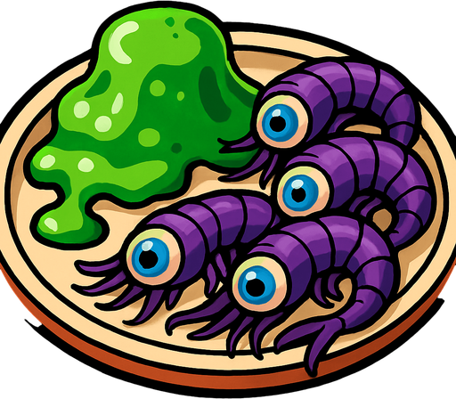 Alien food: Some green, oozing jelly and some purple shrimp with blue Human eyes all on a plate
In-Game asset.  2d.  High contrast.  No shadows.