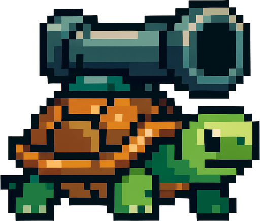 a turtle with a canon on her shell, pixelart.
In-Game asset.  2d.  High contrast.  No shadows