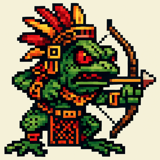 Genérame una Rana de Cristal  guerrero azteca con eso patrones, estilo pixelar, con una apariencia maligna, ojos rojos, rabioso. Unidad a distancia, con un arco o cerbatana. Animal.
In-Game asset.  2d.  High contrast.  No shadows