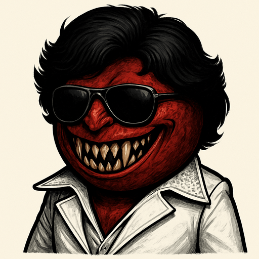 un demonio bola ultra realista con una peluca y traje de bailarin con lentes de sol y una sonrisa con colmillos afilados.
In-Game asset.  2d.  High contrast.  No shadows
