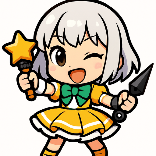 Esta chica tiene un diseño de estilo chibi anime, lo que le da un aspecto adorable y expresivo. Aquí va una descripción detallada:

🔸 Apariencia general:
Es una niña pequeña de proporciones caricaturescas, con cabeza grande y cuerpo diminuto, típica del estilo chibi.

🔸 Cabello:
Cabello platinado o gris, corto, llega hasta sus hombros. Flequillo recto.

🔸 Ropa:
Viste un traje colorido similar al de una idol japonesa:

Vestido amarillo y blanco con detalles verdes

Moño verde en el pecho

Falda con vuelo, adornada con líneas blancas y amarillas

🔸 Accesorios:

Lleva un micrófono con forma de estrella en una mano, lo que sugiere que es una cantante o idol.

En la otra mano, sostiene kunak, lo cual le da un toque de una ninja alegre
🔸 Expresión:
Tiene una expresión alegre, decidida y enérgica, como si estuviera lista para una canción. Un ojo cerrado y la boca abierta de felicidad, simulando que canta feliz para sus fans.
In-Game asset.  2d.  High contrast.  No shadows