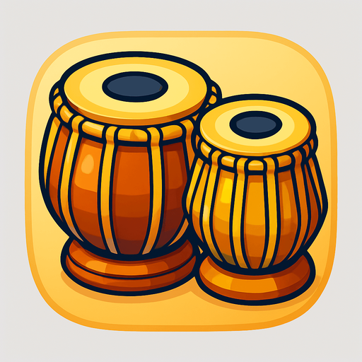 A colorful, cartoon-style illustration of a traditional Indian tabla drum set with two hand drums (bayan and dayan). Soft shadows, clean outline, slightly 3D style, transparent rounded background. Mobile game-friendly icon..
In-Game asset.  2d.  High contrast.  No shadows