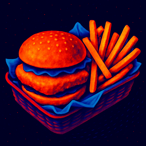 A fish burger and fries in a basket lined with paper.