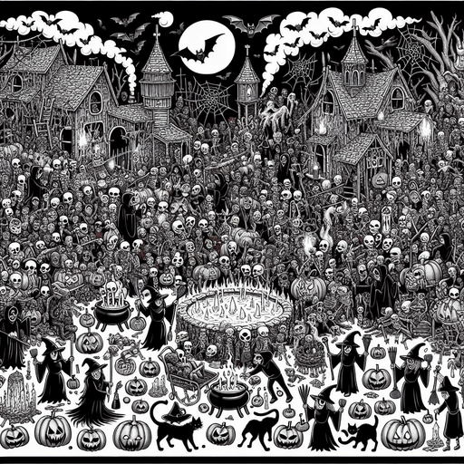 Generate a high quality cartoon background Halloween image on a black canvas similar to the format of where is waldo with a hellish environment.
Single Game Texture. In-Game asset. 2d. Blank background. High contrast. No shadows.