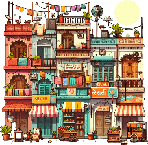 Create 2D cartoon-style Indian street buildings for a side-scrolling background. Include colorful shops with Hindi signboards, tea stalls, fruit carts, clotheslines with hanging clothes, and balconies with flower pots. Add hanging wires, fans, and posters on the walls for detail. Style should be vibrant, humorous, and full of character, matching a fun endless runner game..fore ground sky with sun
Single Game Texture.  In-Game asset.  2d.  Blank background.  High contrast.  No shadows