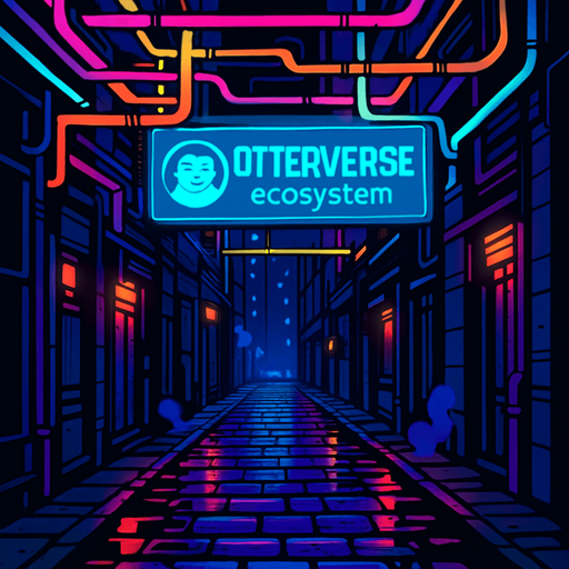 “Design a narrow cyber-alley between skyscrapers, with vibrant neon pipes crisscrossing overhead. One large digital holo-banner proclaims ‘Otterverse ecosystem.’ Add steam vents, flickering side-street lights, and wet cobblestones reflecting color—no characters or coins.”.
In-Game asset.  2d.  High contrast.  No shadows