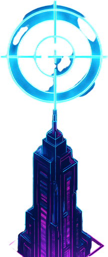 Top down isometric neon cyberpunk anime talk futuristic tower spire 3d sniper bullseye gun symbol glowing hd large hologram over top