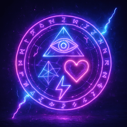 Magical spell effect 3d cyberpunk hologram sigils geometry eyeball heart lightning glow
