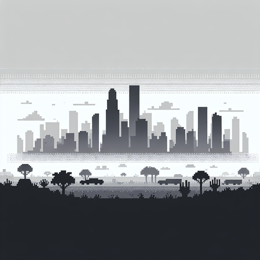 8-bit gray silhouette of cityscape in distance.
Single Game Texture. In-Game asset. 2d. Blank background. High contrast. No shadows.