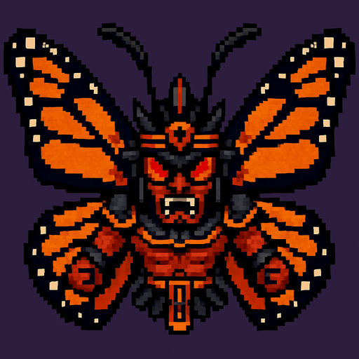 Genérame una Mariposa monarca guerrero azteca con eso patrones, estilo pixelar, con una apariencia maligna, ojos rojos, rabioso. Unidad aerea con alas. Animal.
In-Game asset.  2d.  High contrast.  No shadows