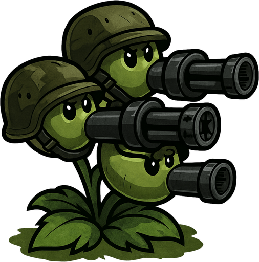 Triple lanza guisantes del videojuego plantas vs zombies fusion con cascos militares y boca de metralletas.
In-Game asset.  2d.  High contrast