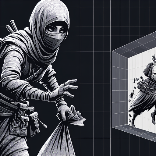 A thief with a mask and steal bag.
Single Game Texture. In-Game asset. 2d. Blank background. High contrast. No shadows.