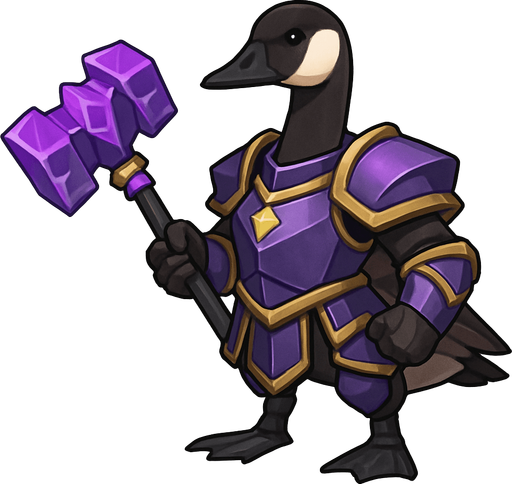 A Canadian goose in armor armed electro purple battle hammer..
In-Game asset.  2d.  No shadows