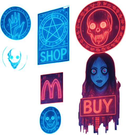 cyberpunk neon manga city metropolis skyline holograms billboards advertisements signs, magic sigils glow in subliminal messages with corporate logos, encouraging consumption,  imagery nighttime futuristic hologram 3D projections horror sci-fi
