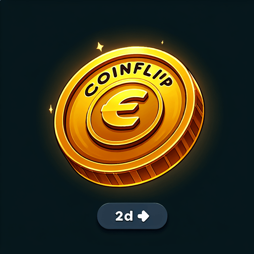 a gold coin saying 'coinflip'.
In-Game asset. 2d. Blank background. High contrast.