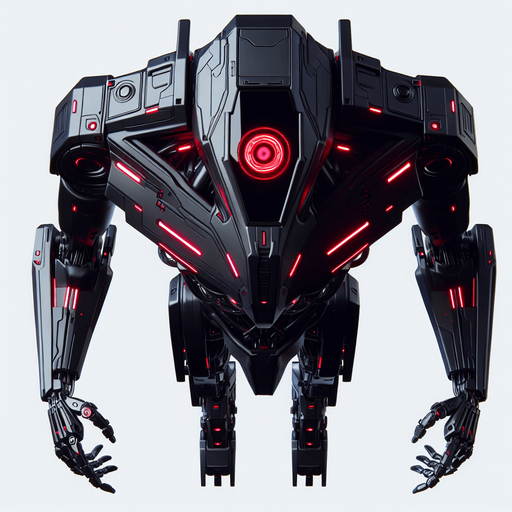 Overhead view. A hovering robot with a tapered midsection with two bulky arms with claw like hands and a giant red “eye” on top of its body. Looking straight down. Cyberpunk, black with red glowing highlights..
Single Game Texture. In-Game asset. 2d. Blank background. High contrast. No shadows.