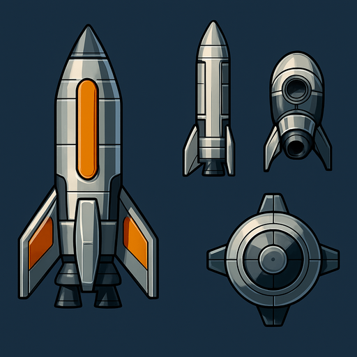 Create si-fi realistic rocket with  3D views. In-Game asset. 2d. High contrast. No shadows. In-Game asset. 2d. High contrast. No shadows.
In-Game asset.  2d.  High contrast.  No shadows