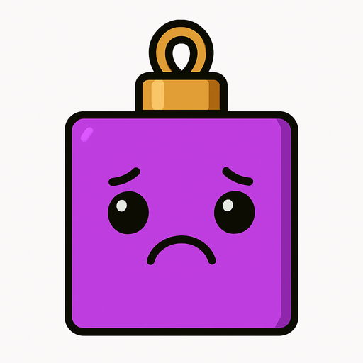 a sad Perfectly square bright purple Christmas decoration with cute . Cartoon style. Cute art style. Simple vector style..
In-Game asset.  2d.  High contrast.  No shadows