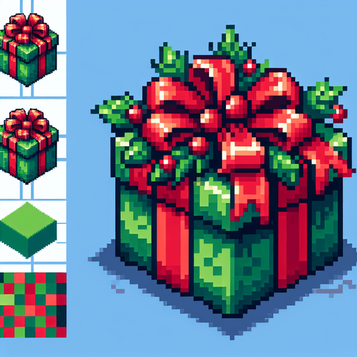Pixel art of a green christmas present with red ribbons. Single Game Texture. In-Game asset. 2d. Blank background. High contrast. No shadows.