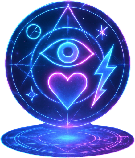 Magical spell effect 3d cyberpunk hologram sigils geometry eyeball heart lightning glow