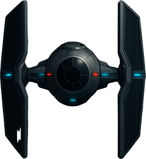 A clean and stylized top-down view of a futuristic sci-fi fighter inspired by classic space opera designs. The ship features a central cockpit sphere with two large vertical wing panels on each side, connected by sleek metallic arms. The design is symmetrical with dark gray and black tones, accented with subtle glowing blue or red highlights. The icon has sharp, simplified details for clarity at small sizes, with a dark background to enhance contrast. Square or circular format, 1024x1024 resolution, high detail, sci-fi concept art style. Original design, copyright-safe, evoking the essence of iconic space fighters..
In-Game asset.  2d.  High contrast.  No shadows