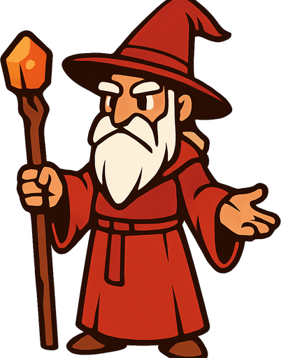a wizard with a red dress, a hat, a long white beard and his whole body.
In-Game asset.  2d.  High contrast.  No shadows