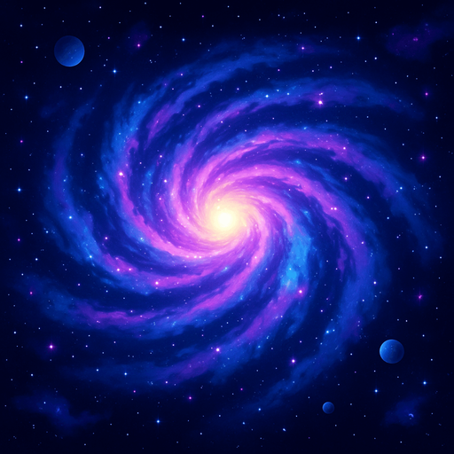 A stunning 2D top-down galaxy for a space-themed game background, featuring a massive spiral galaxy with swirling arms in vibrant shades of blue, purple, and pink, a bright glowing core, scattered star clusters, distant nebulae, and a few small planets orbiting around. The galaxy should feel colorful, mysterious, and vast, with soft glowing effects and high contrast for a sci-fi aesthetic. Style: digital art, seamless background, suitable for looping game parallax layers..
In-Game asset.  2d.  High contrast.  No shadows