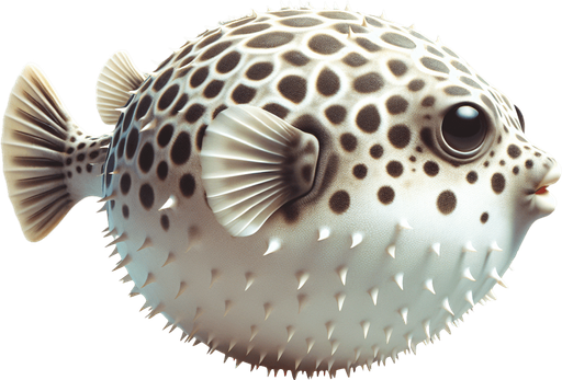 A realistic pufferfish swiming to the right.
Single Game Texture. In-Game asset. 2d. Blank background. High contrast. No shadows.