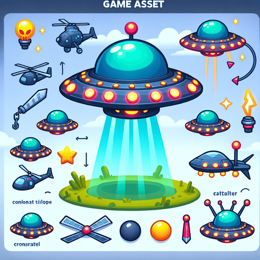 Create a cartoon-style  UFO obstacle for a helicopter game. The UFO should be rounded with glowing lights, antennas, and a colorful alien style..
Single Game Texture.  In-Game asset.  2d.  Blank background.  High contrast.  No shadows
