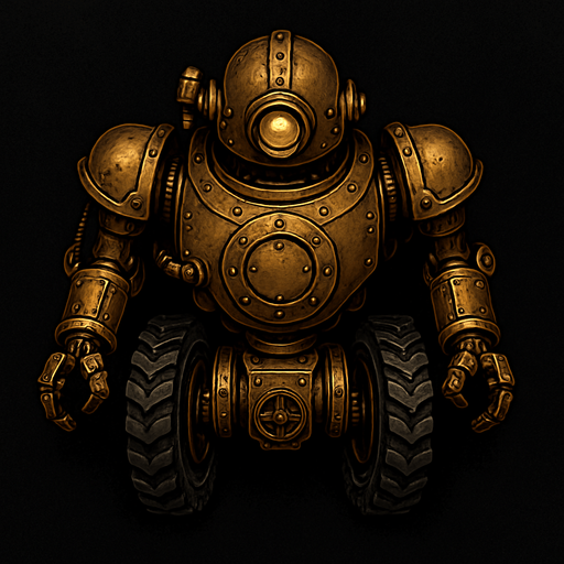 robot estilo steampunk visto desde arriba totalmente no desde el frente con llantas.
In-Game asset.  2d.  High contrast.  No shadows. vistasuperior