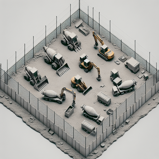 A small Constrution Yard. 
No people, No buidings, just 2-3 construction machinery with a fence.
No perspective, Directly from above
