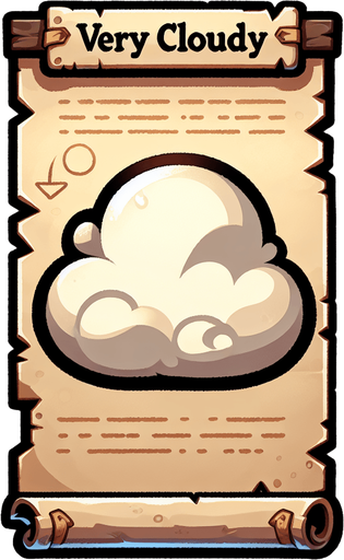 a pergament letter with the name "Very cloudy". It has a big cloud on it. vertical. Single Game Texture. In-Game asset. 2d. Blank background. High contrast. No shadows.