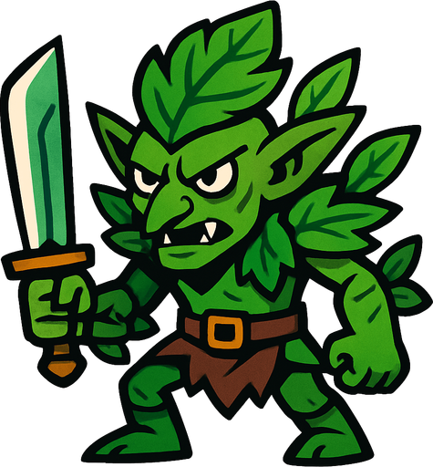 yeşil yapraklı dövüşçü goblin.
In-Game asset.  2d.  High contrast.  No shadows
