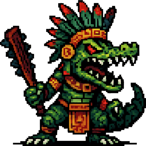Genérame una Caiman llanero guerrero azteca con eso patrones, estilo pixelar, con una apariencia maligna, ojos rojos, rabioso. Unidad cuerpo a cuerpo. Animal.
In-Game asset.  2d.  High contrast.  No shadows