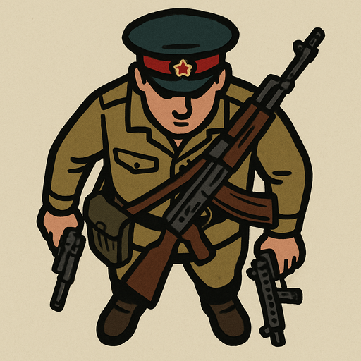A Soviet policeman, heavily armed..
In-Game asset.  2d.  High contrast.  No shadows. Top down view