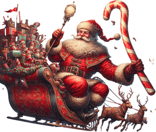 a pergament of a Santa Clause on his sledge with reindeers in the sky. He holds a scepter of candy cane. There is the text: "Click on Santa for a short duration to use the KeeperMode."