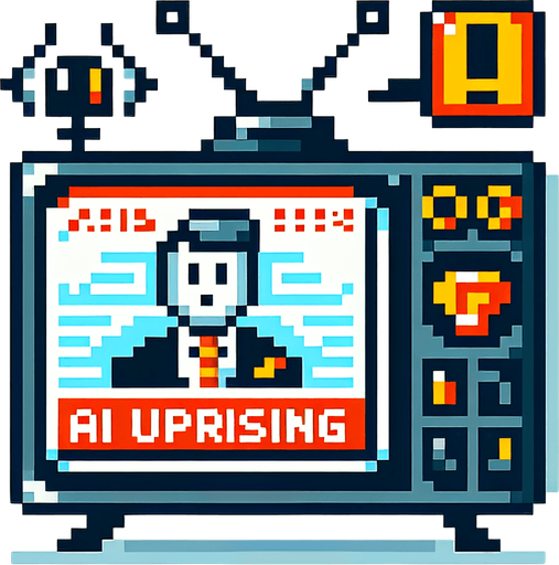 Design a pixel art scene for a game item: a TV broadcasting a news alert about an imminent AI uprising. Include flashing warning signs and depict the newscaster in a state of high alert to convey urgency and tension, ensuring all elements are styled to fit within a pixelated game environment.. pixelated. 8 bit..
Single Game Texture. In-Game asset. 2d. Blank background. High contrast. No shadows.